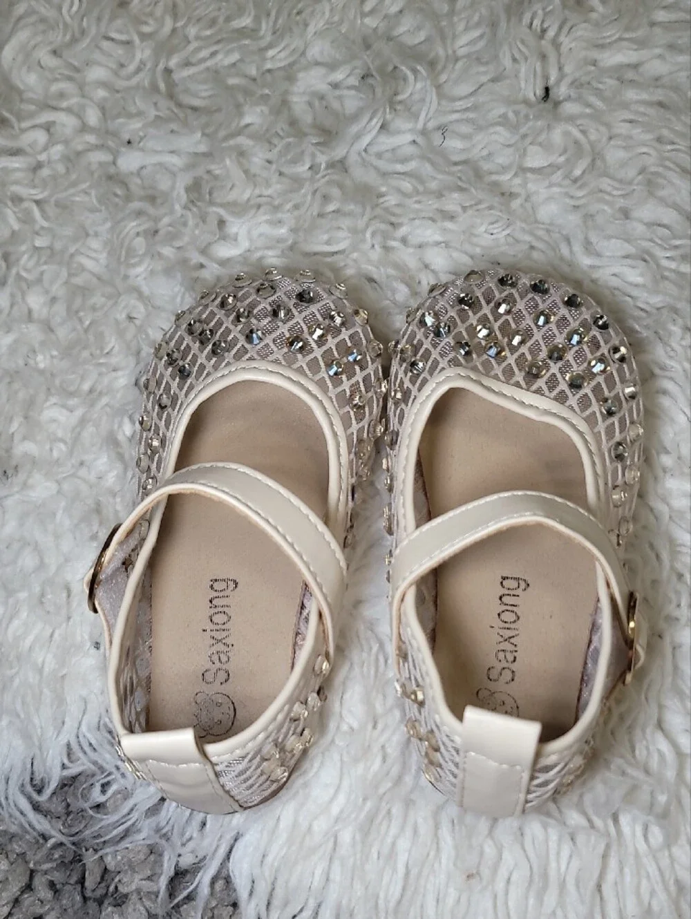 Kong Cream Rhinestone Mesh Mary Jane Shoes